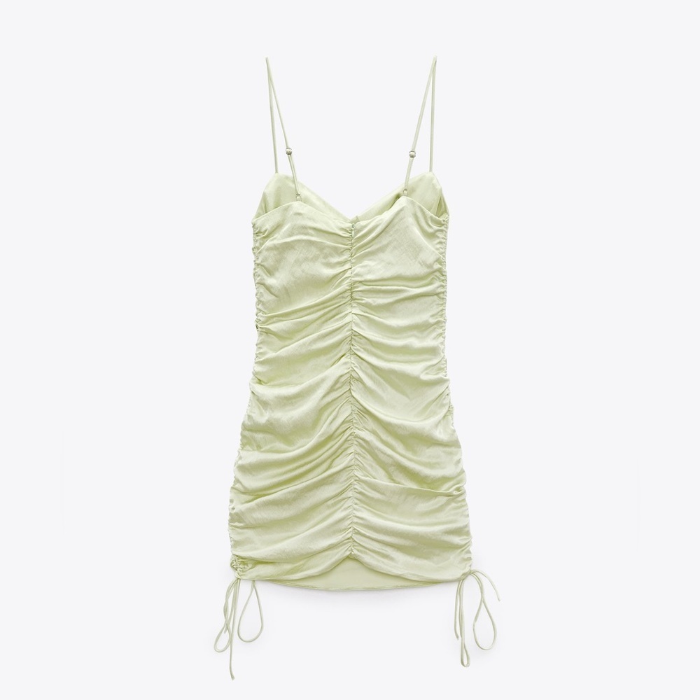🌹NWT. Zara Mint Green Satin Effect Ruched Mini Dress with V-neck. Size S. - Picture 6 of 12